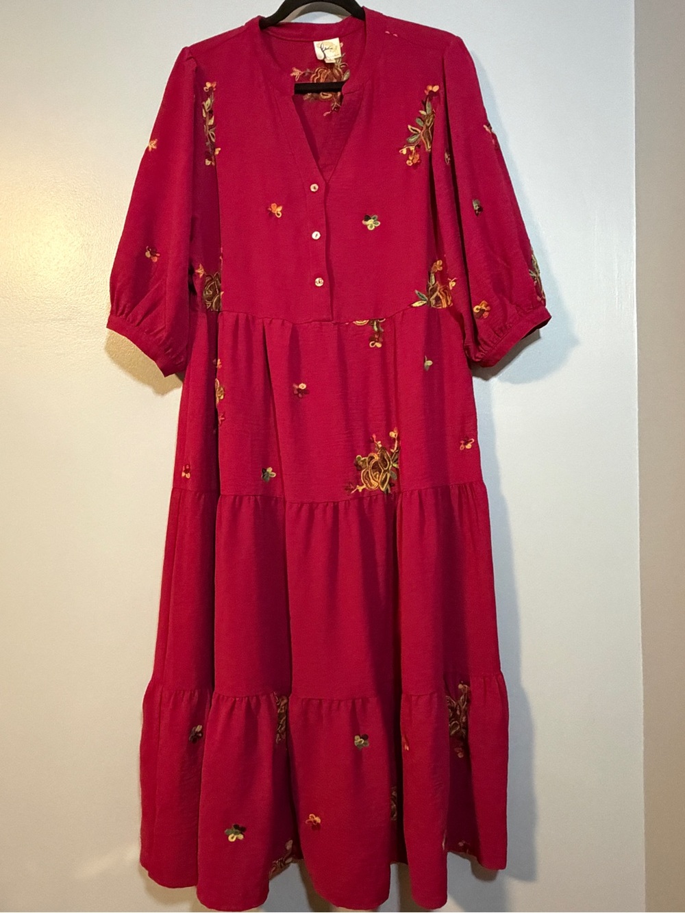 fig and flower Fuchsia Tiered Midi Dress with Embroidered Florals